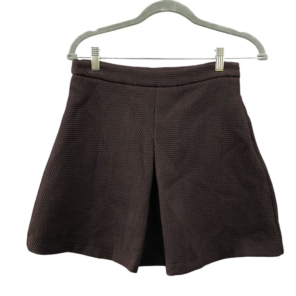 Zara Mini Skirt Womens S Brown Pleated Flare A-Line Textured High Rise